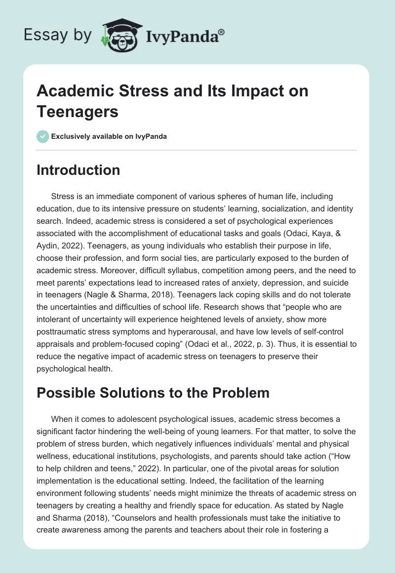 Academic Stress and Its Impact on Teenagers. Page 1