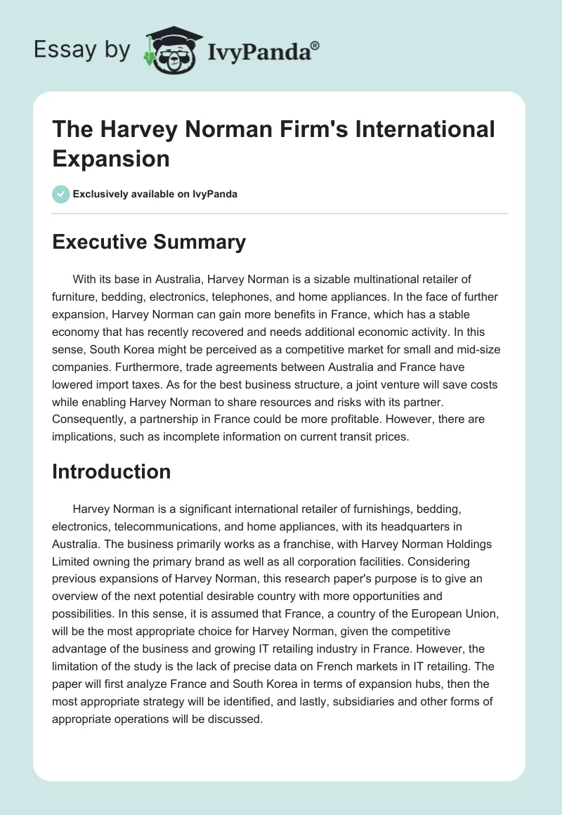 The Harvey Norman Firm's International Expansion. Page 1
