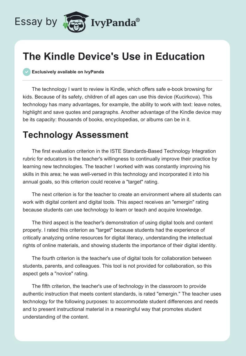 The Kindle Device's Use in Education. Page 1