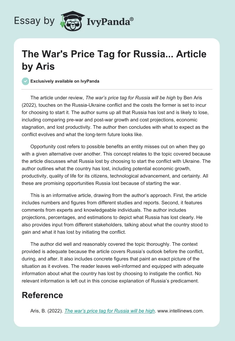 "The War's Price Tag for Russia..." Article by Aris. Page 1