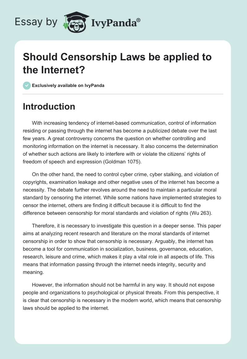 Should Censorship Laws Be Applied to the Internet?. Page 1