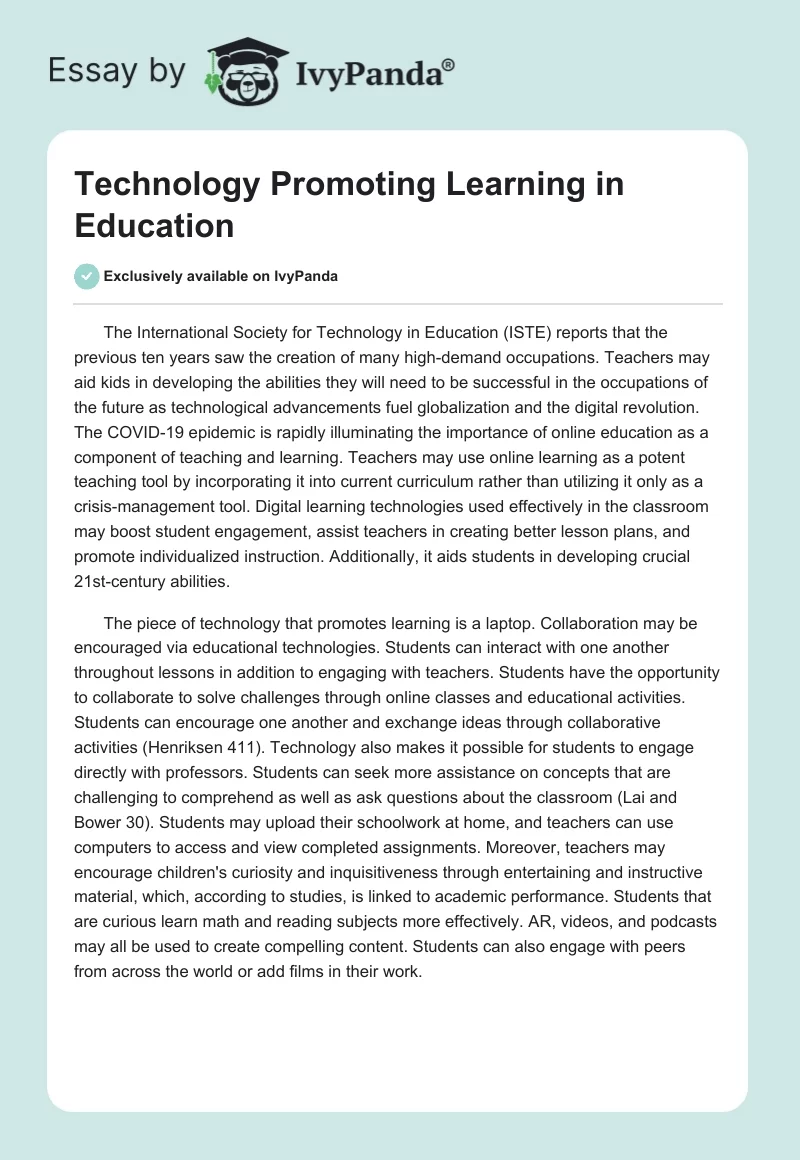 Technology Promoting Learning in Education. Page 1