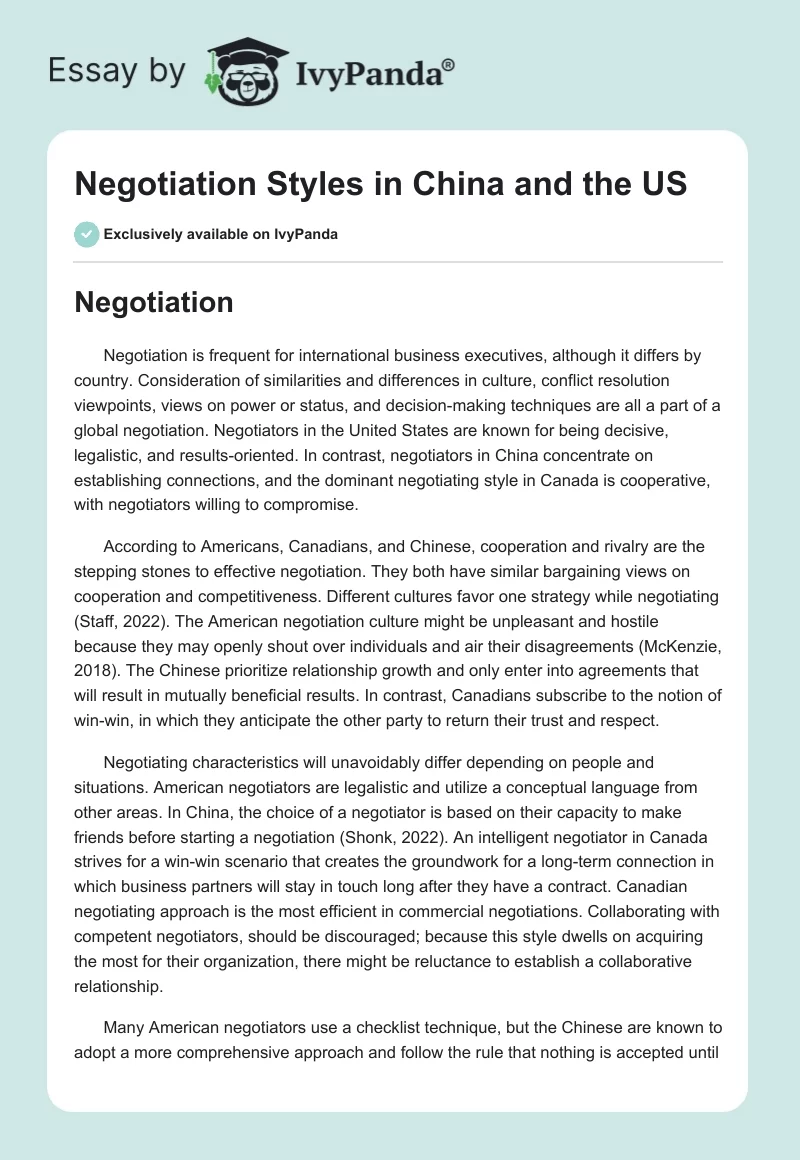 Negotiation Styles in China and the US. Page 1