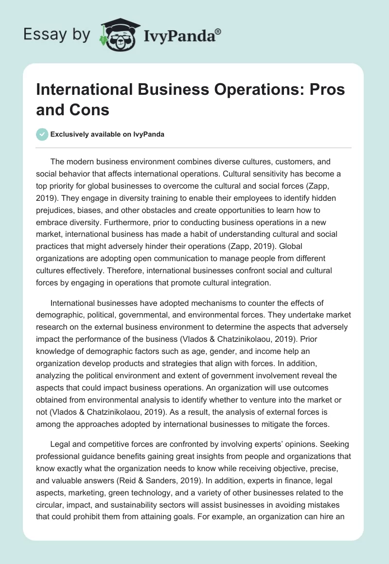 International Business Operations: Pros and Cons. Page 1