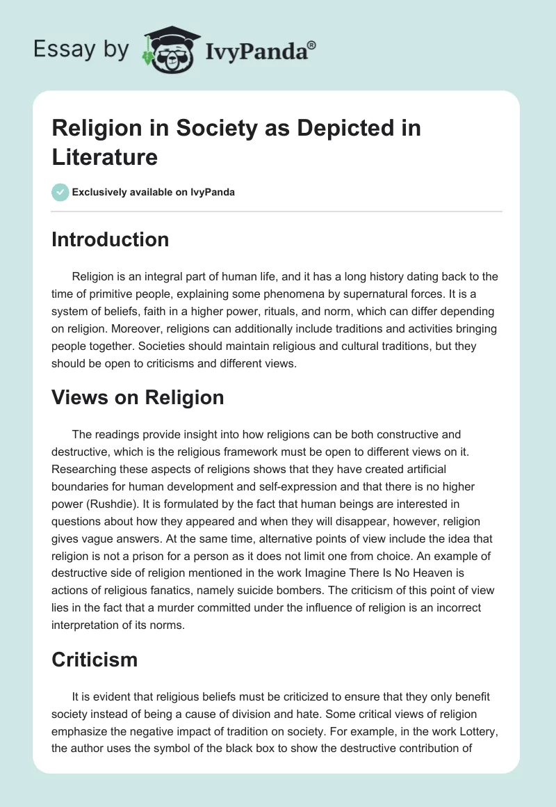 Religion in Society as Depicted in Literature. Page 1