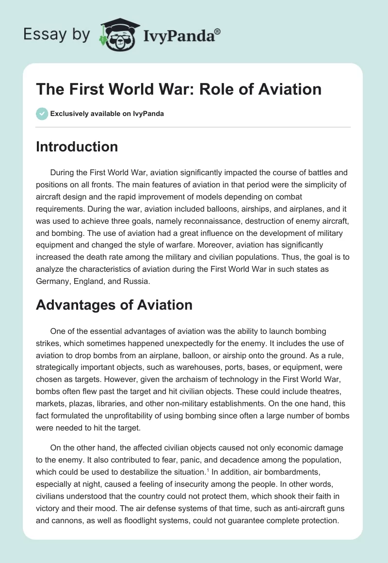 The First World War: Role of Aviation. Page 1
