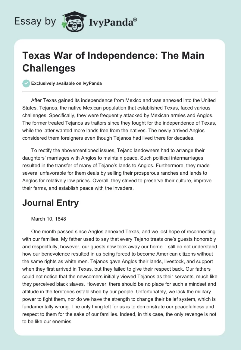 Texas War of Independence: The Main Challenges. Page 1