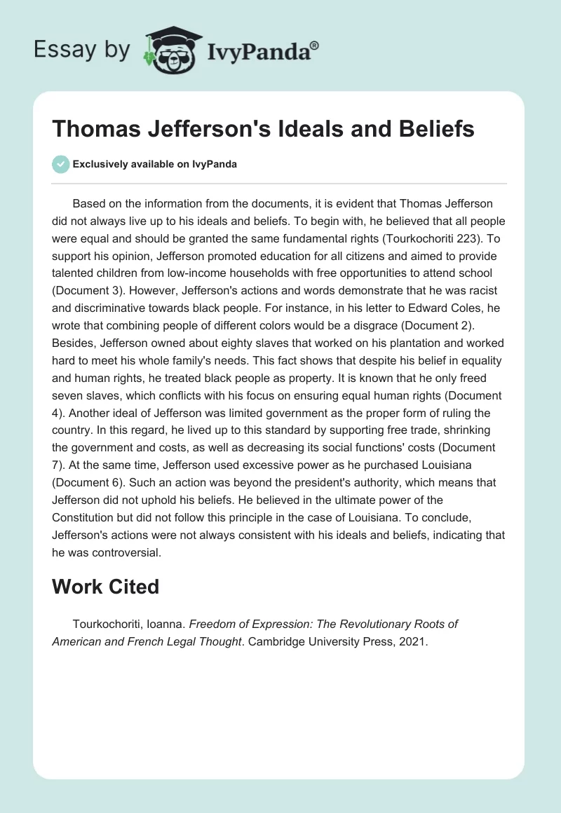 Thomas Jefferson's Ideals and Beliefs. Page 1