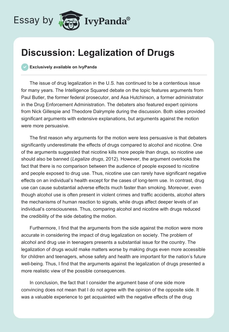 Discussion: Legalization of Drugs. Page 1