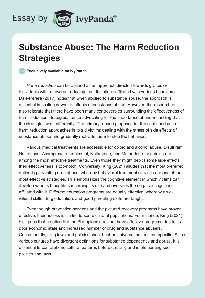 Substance Abuse: The Harm Reduction Strategies. Page 1