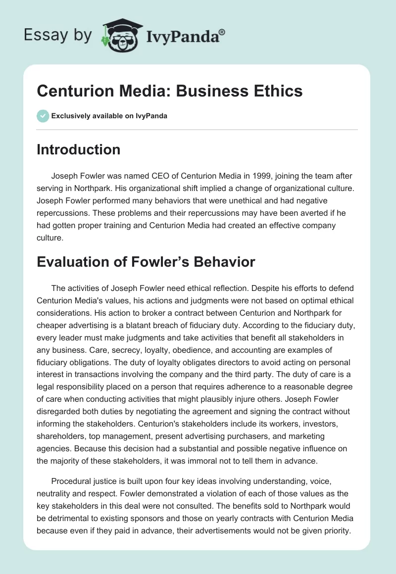 Centurion Media: Business Ethics. Page 1