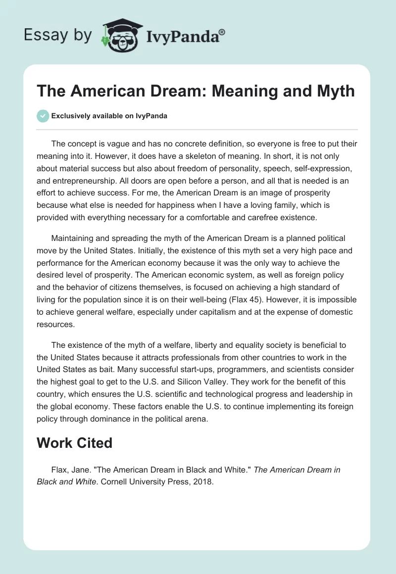 The American Dream: Meaning and Myth. Page 1