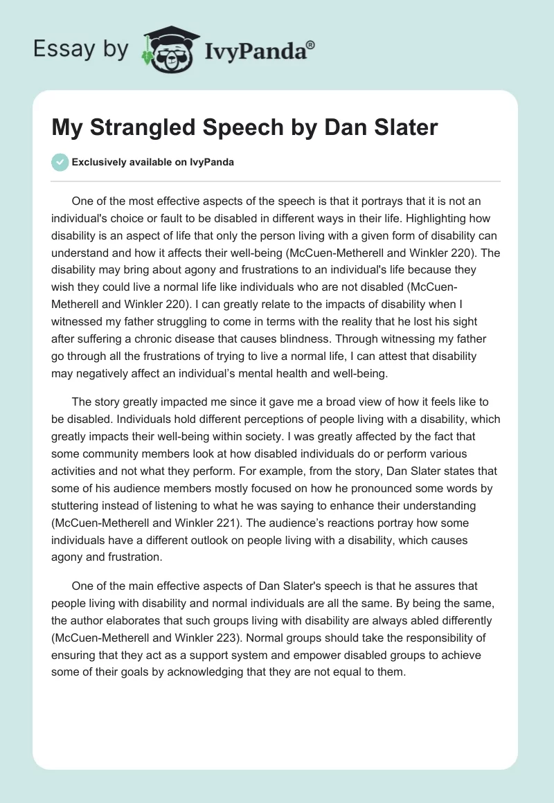 "My Strangled Speech" by Dan Slater. Page 1