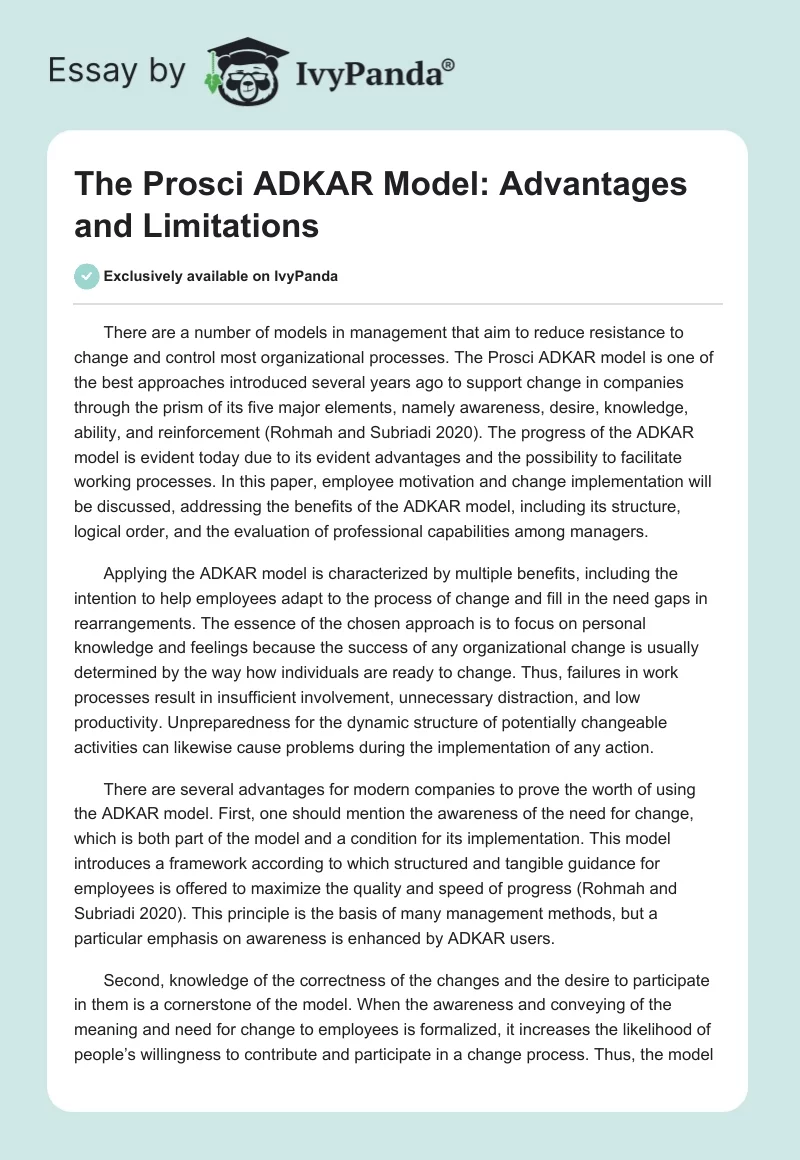 The Prosci ADKAR Model: Advantages and Limitations. Page 1