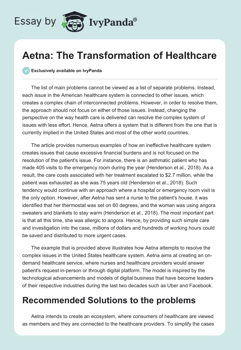 Aetna: The Transformation of Healthcare. Page 1