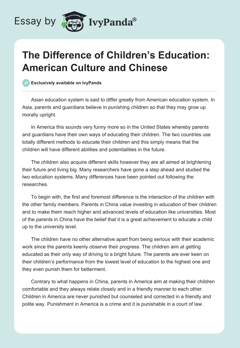 The Difference of Children’s Education: American Culture and Chinese. Page 1