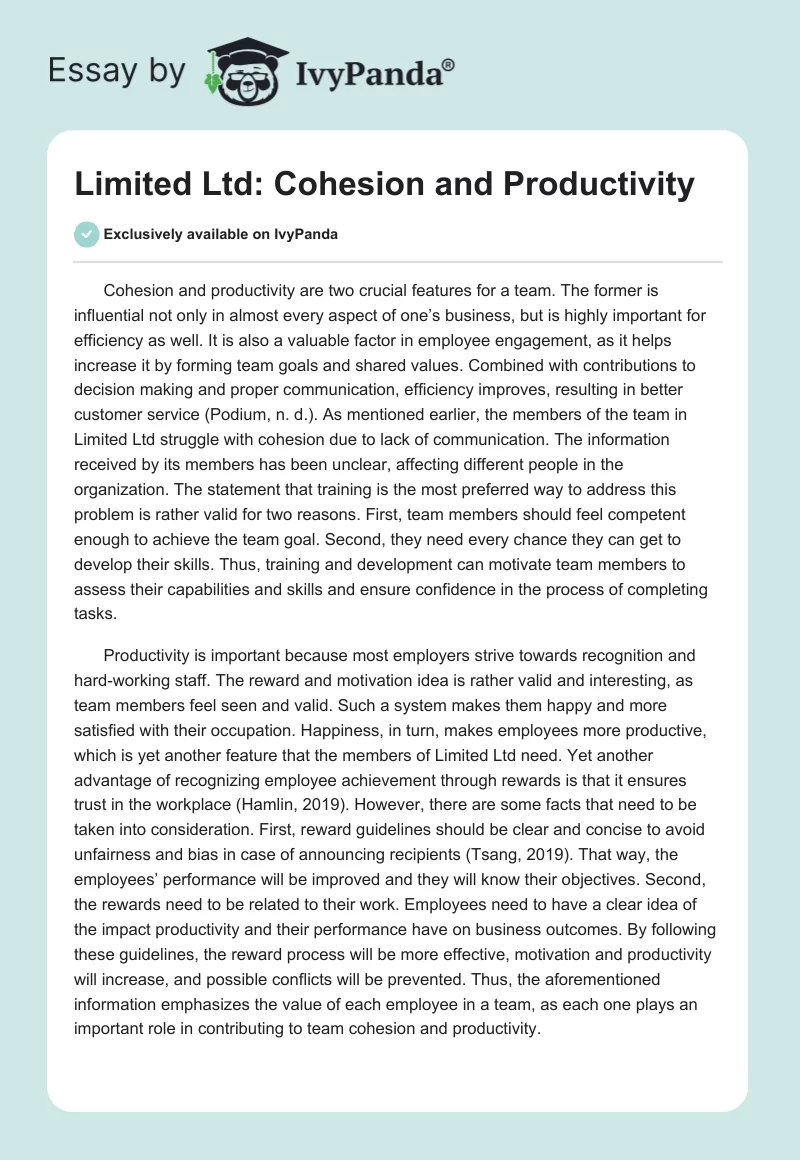 Limited Ltd: Cohesion and Productivity. Page 1