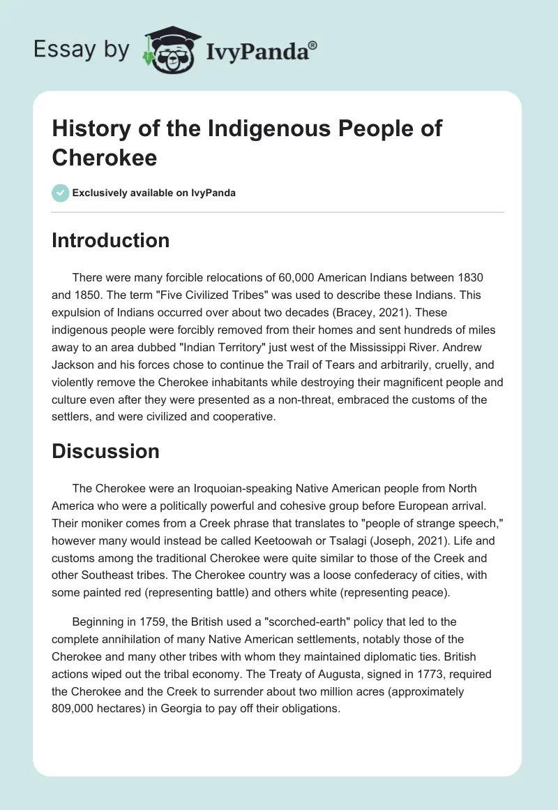 History of the Indigenous People of Cherokee. Page 1