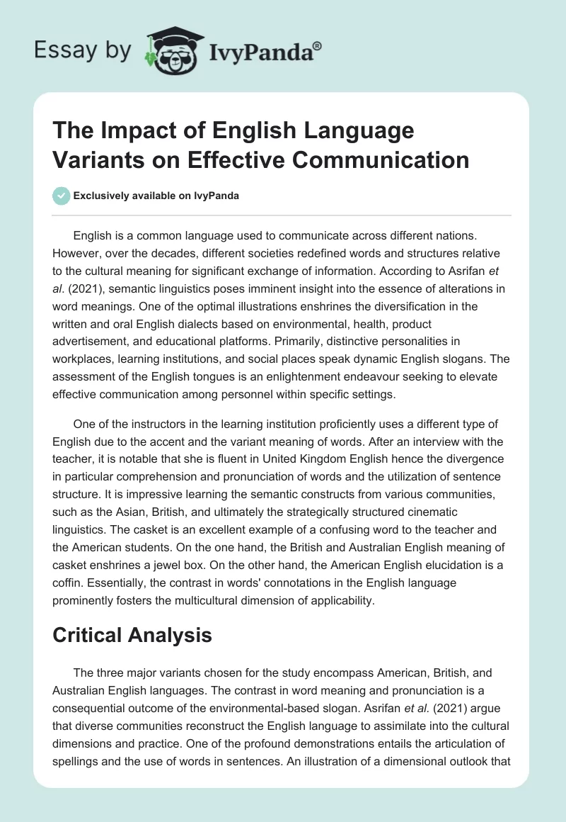 The Impact of English Language Variants on Effective Communication. Page 1