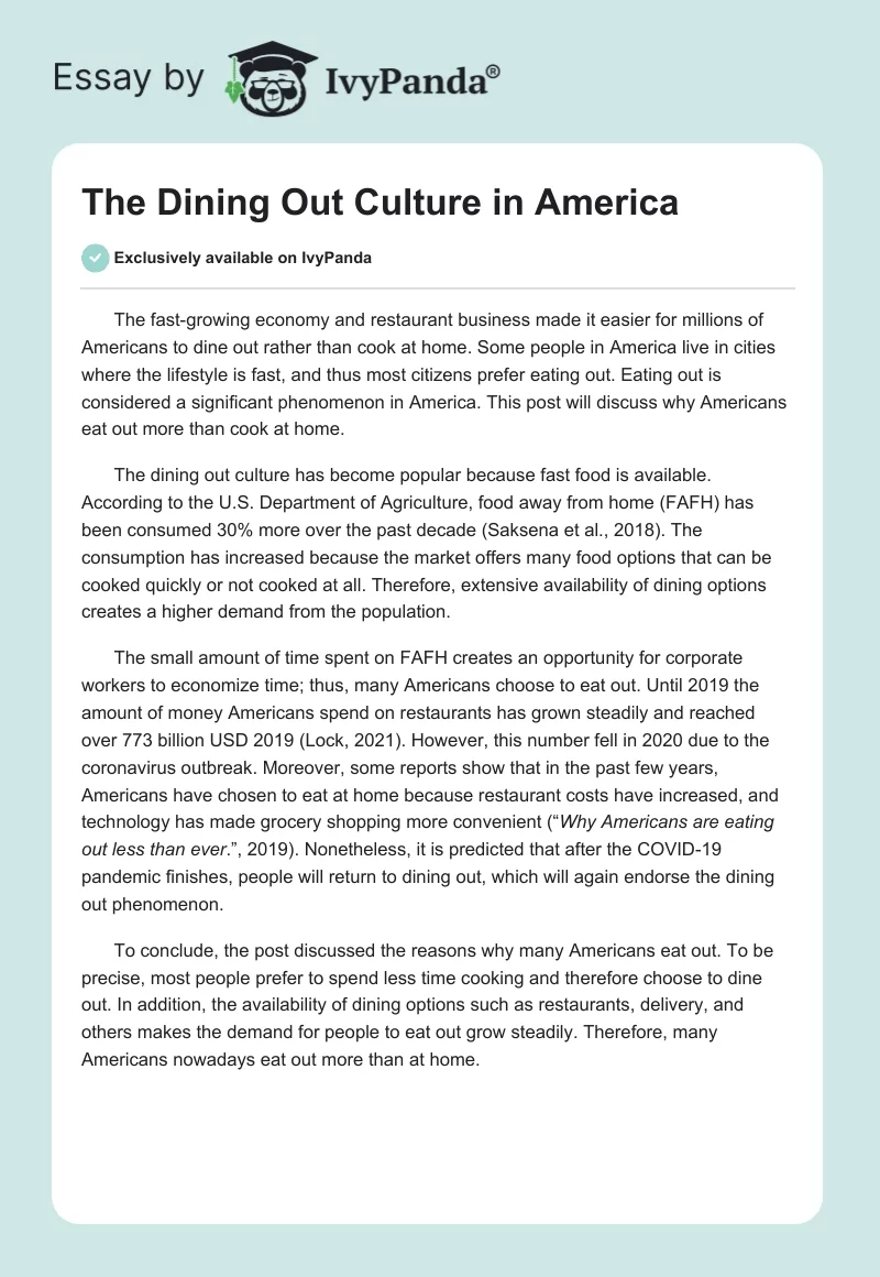 The Dining Out Culture in America. Page 1