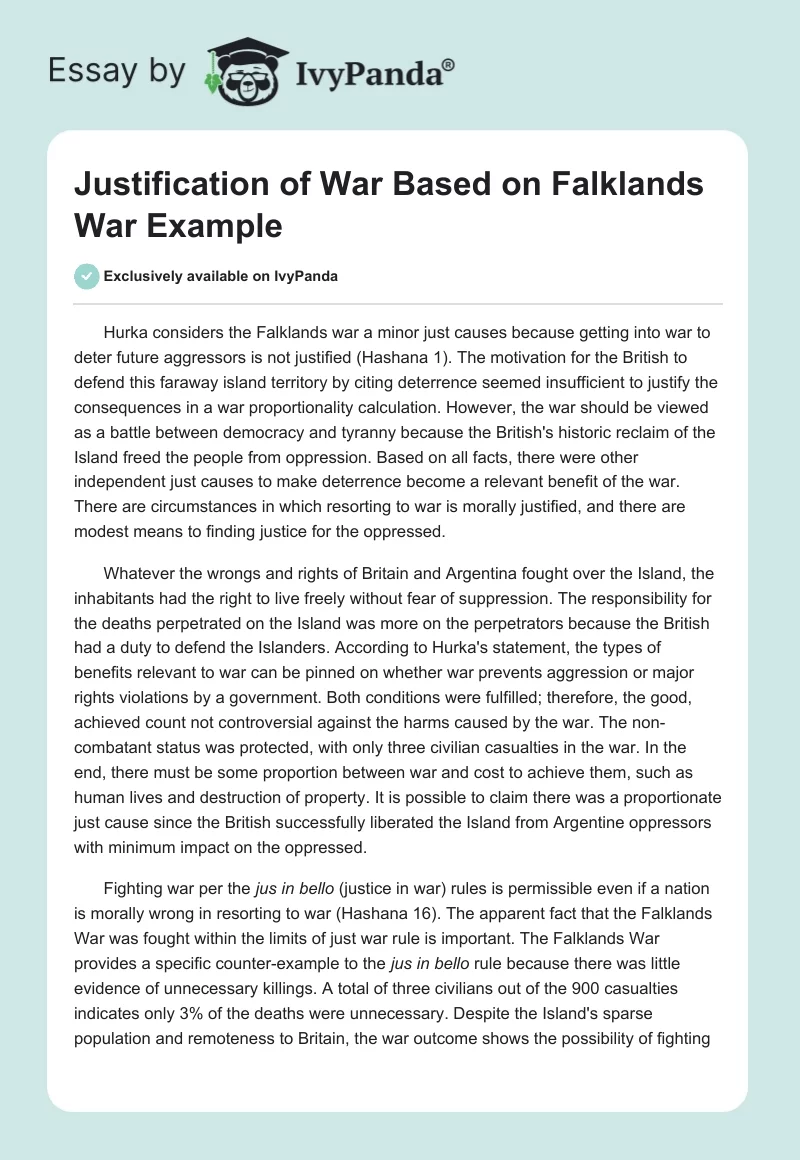 Justification of War Based on Falklands War Example. Page 1