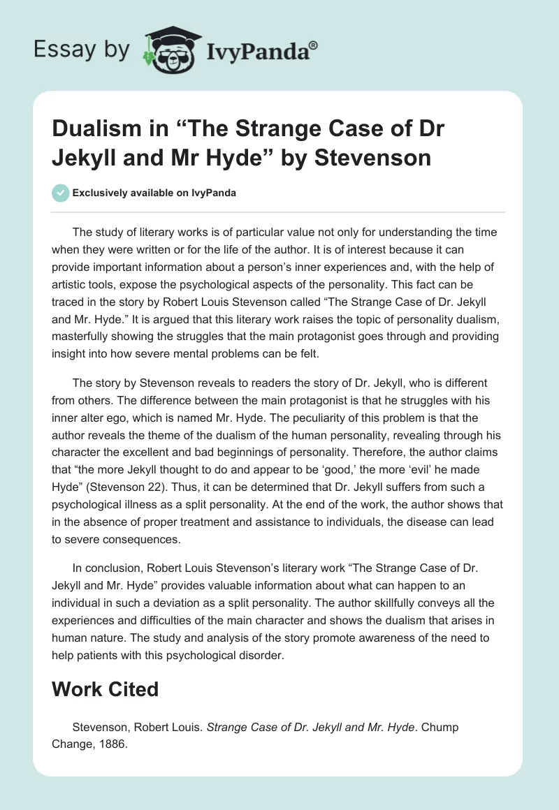 Dualism in “The Strange Case of Dr. Jekyll and Mr. Hyde” by Stevenson. Page 1