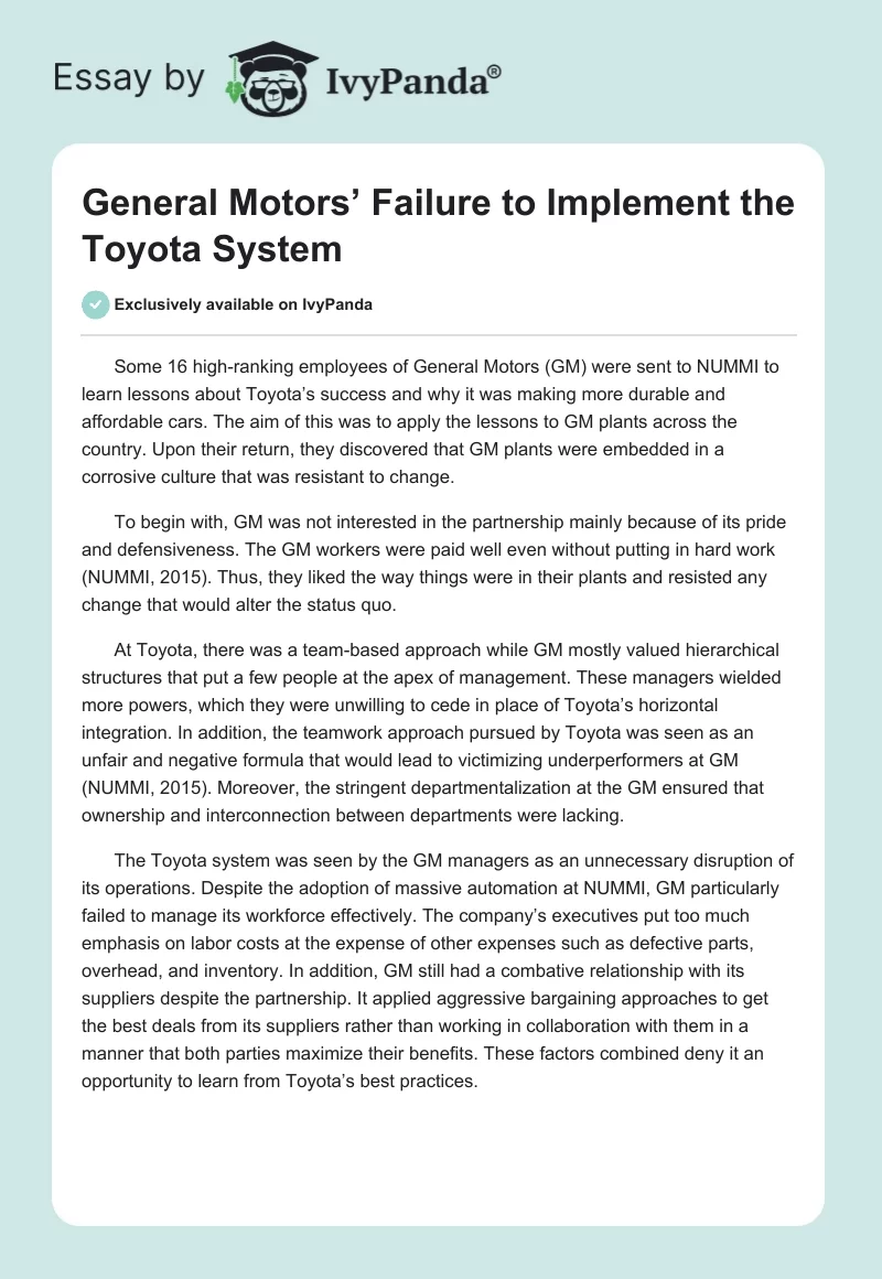 General Motors’ Failure to Implement the Toyota System. Page 1