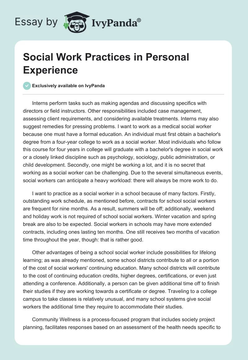 Social Work Practices in Personal Experience. Page 1