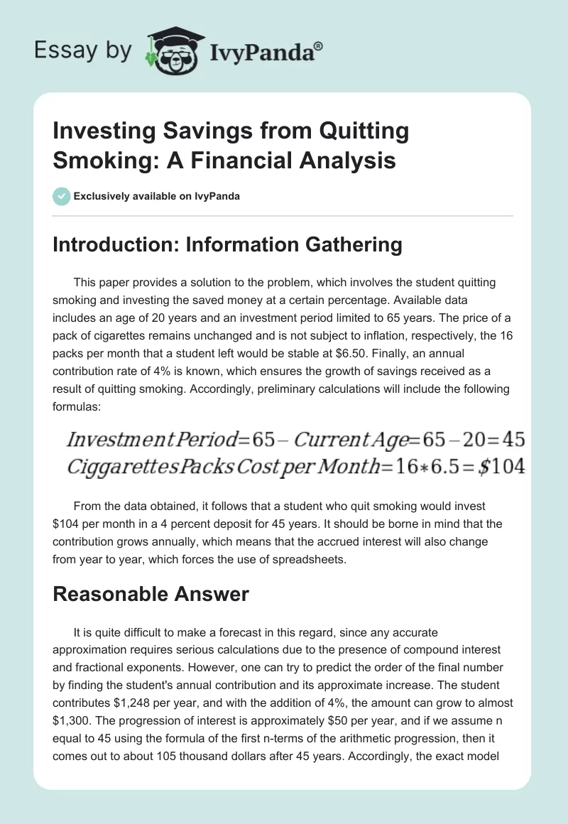 Investing Savings from Quitting Smoking: A Financial Analysis. Page 1