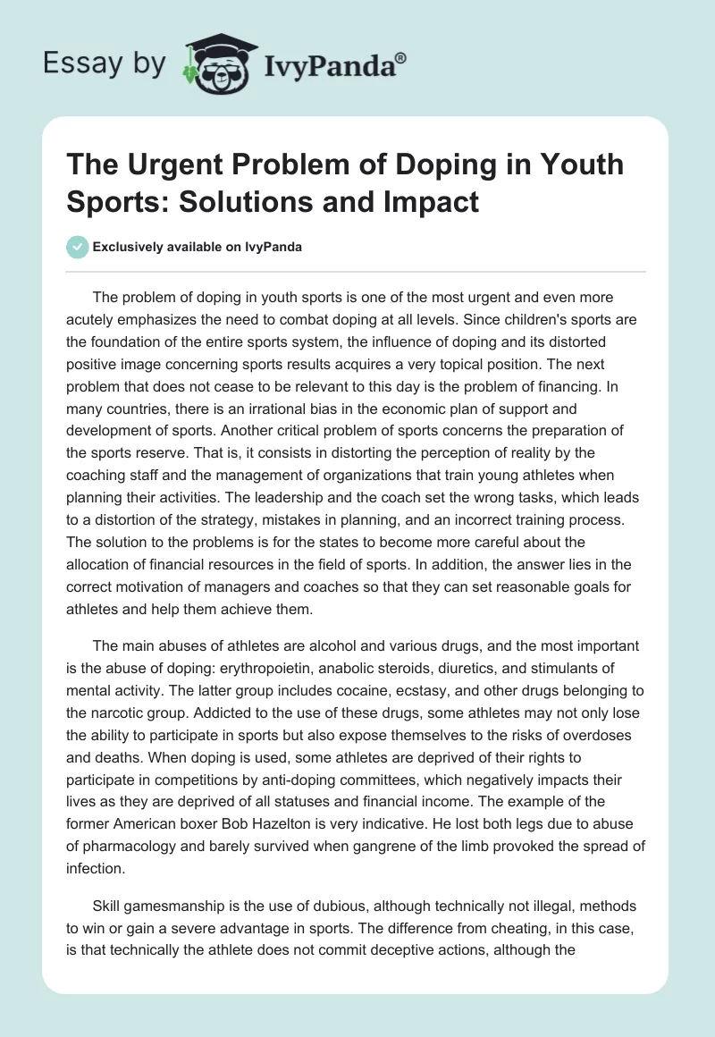 The Urgent Problem of Doping in Youth Sports: Solutions and Impact. Page 1