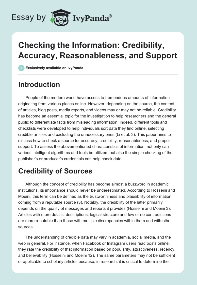 Checking the Information: Credibility, Accuracy, Reasonableness, and Support. Page 1