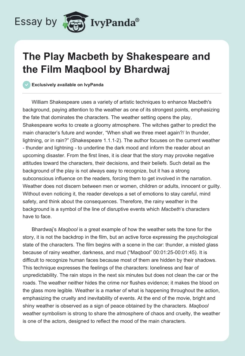 The Play "Macbeth" by Shakespeare and the Film "Maqbool" by Bhardwaj. Page 1