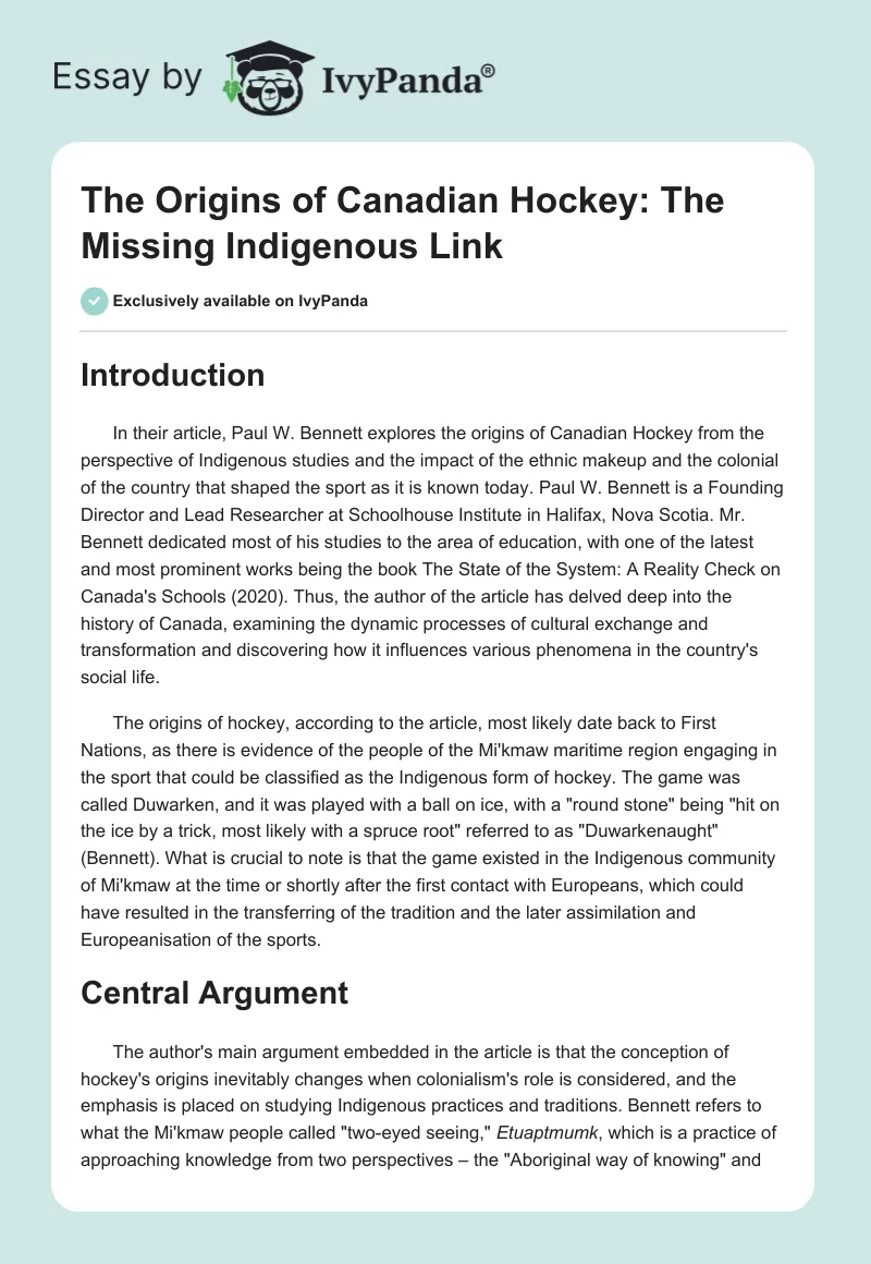 The Origins of Canadian Hockey: The Missing Indigenous Link. Page 1