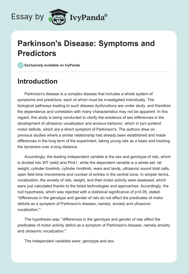 Parkinson's Disease: Symptoms and Predictors. Page 1