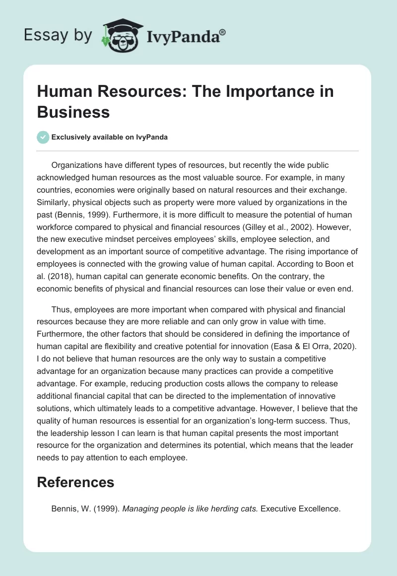 Human Resources: The Importance in Business. Page 1