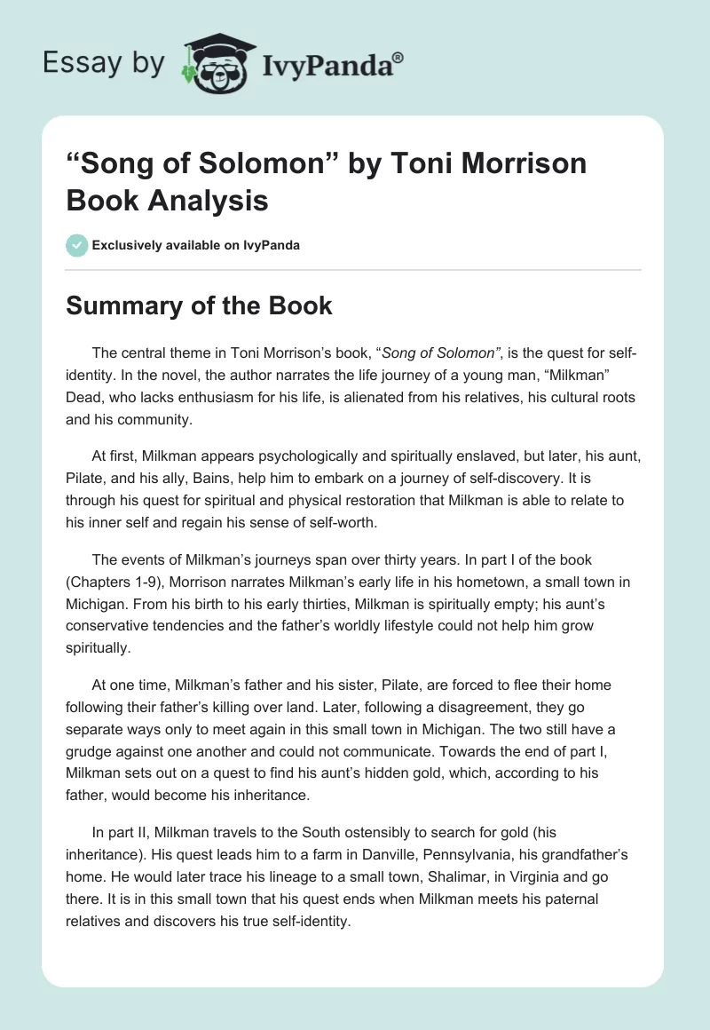 “Song of Solomon” by Toni Morrison Book Analysis. Page 1