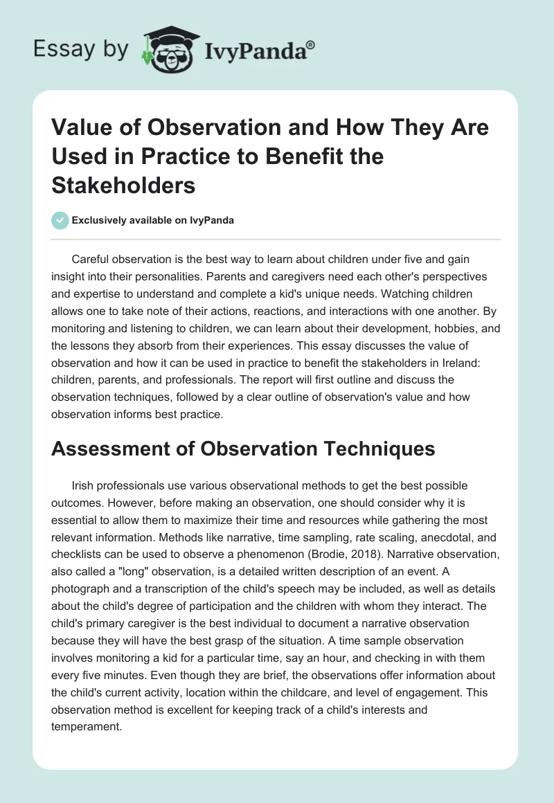 Value of Observation and How They Are Used in Practice to Benefit the Stakeholders. Page 1