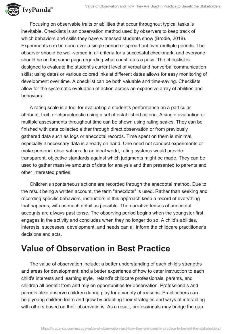 Value of Observation and How They Are Used in Practice to Benefit the Stakeholders. Page 2
