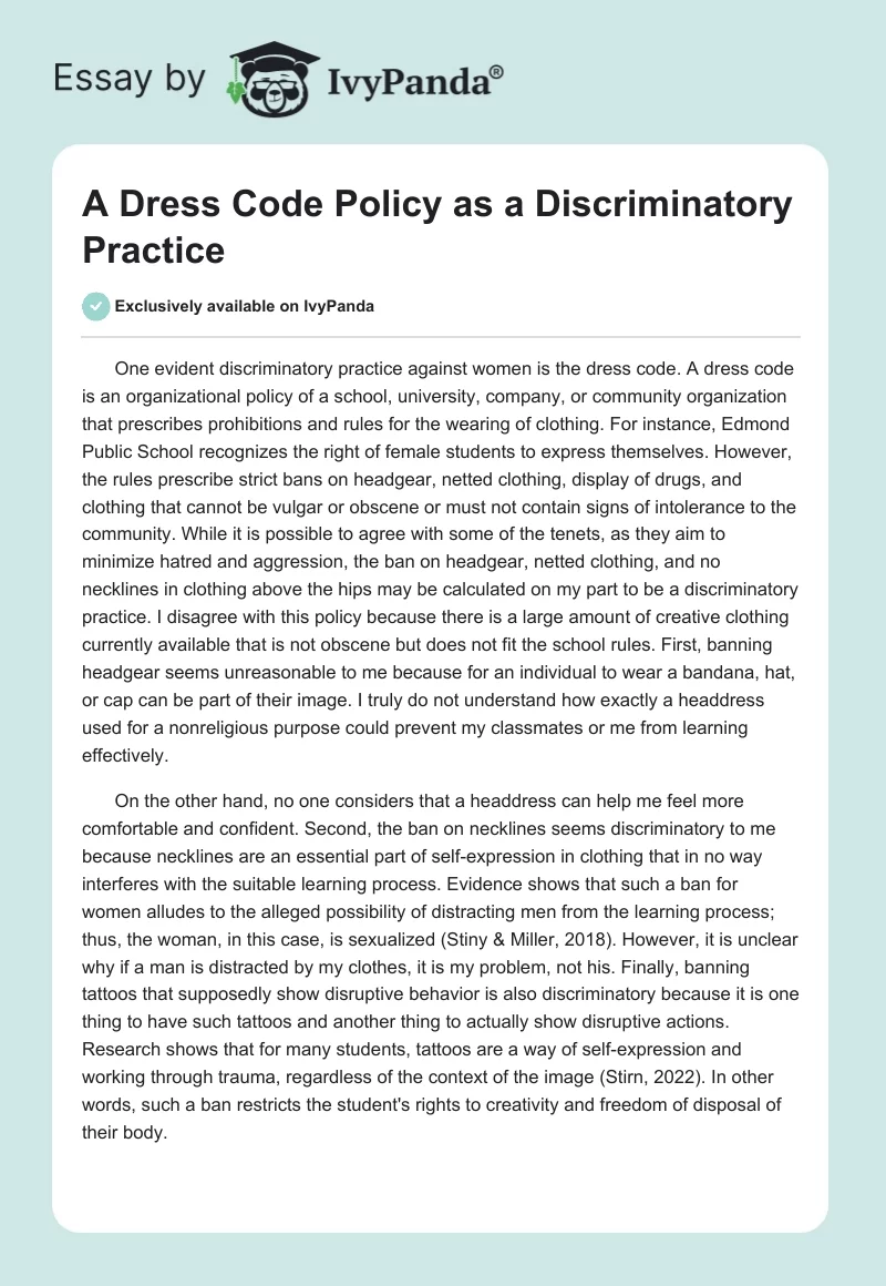 A Dress Code Policy as a Discriminatory Practice. Page 1