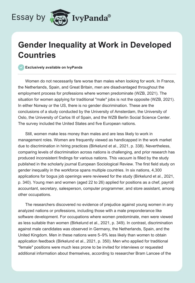 Gender Inequality at Work in Developed Countries. Page 1