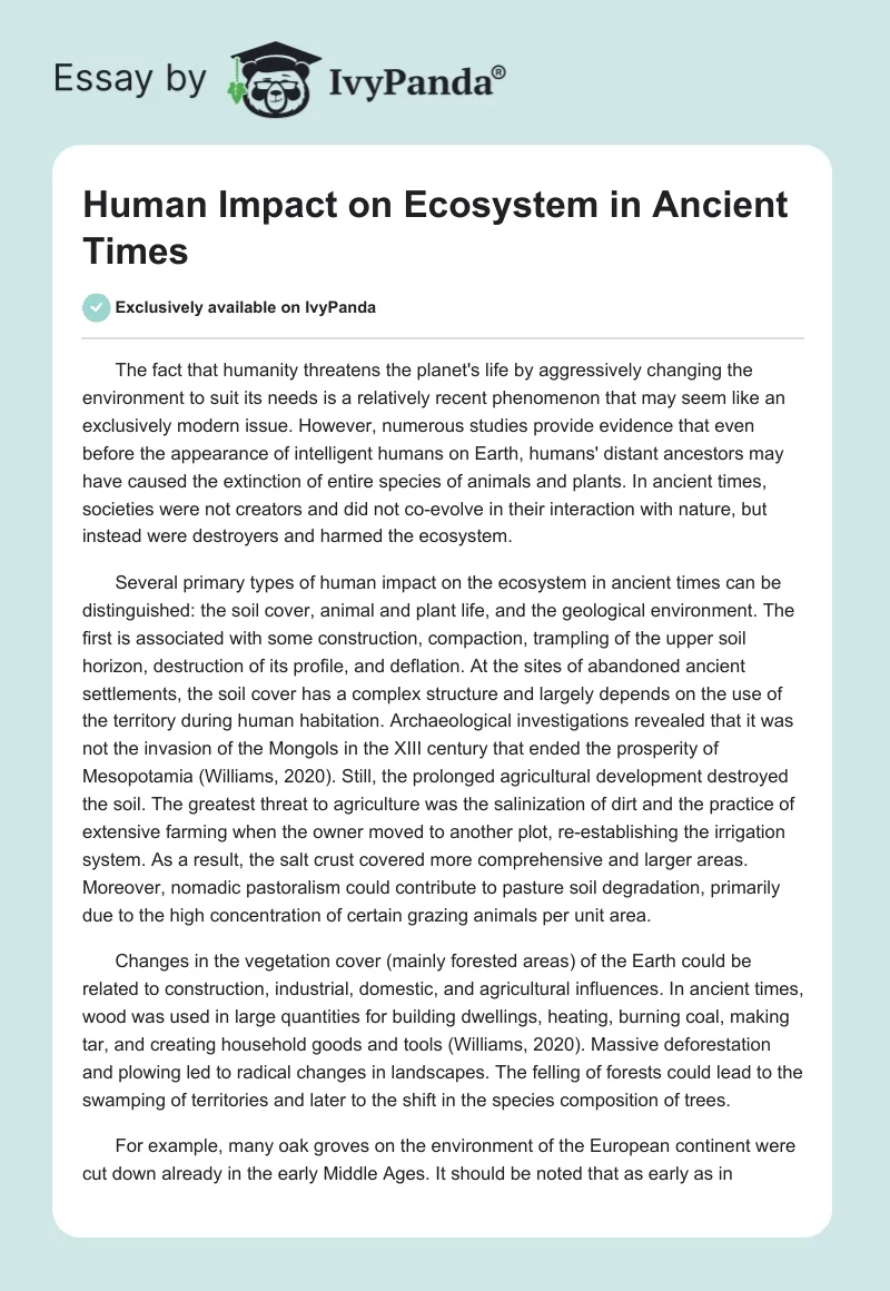 Human Impact on Ecosystem in Ancient Times - 626 Words | Essay Example