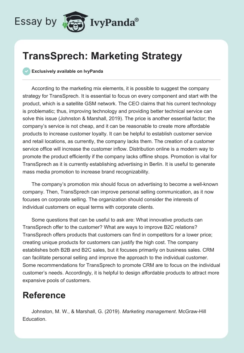 TransSprech: Marketing Strategy. Page 1