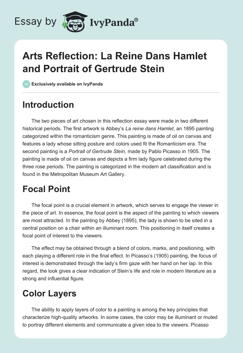 Arts Reflection: La Reine Dans Hamlet and Portrait of Gertrude Stein. Page 1