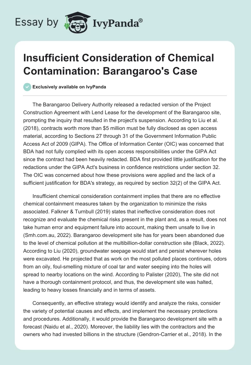 Insufficient Consideration of Chemical Contamination: Barangaroo's Case. Page 1