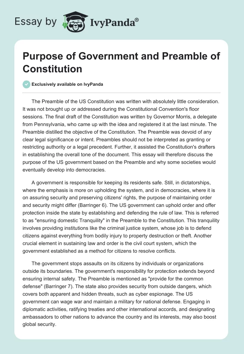 Purpose of Government and Preamble of Constitution. Page 1
