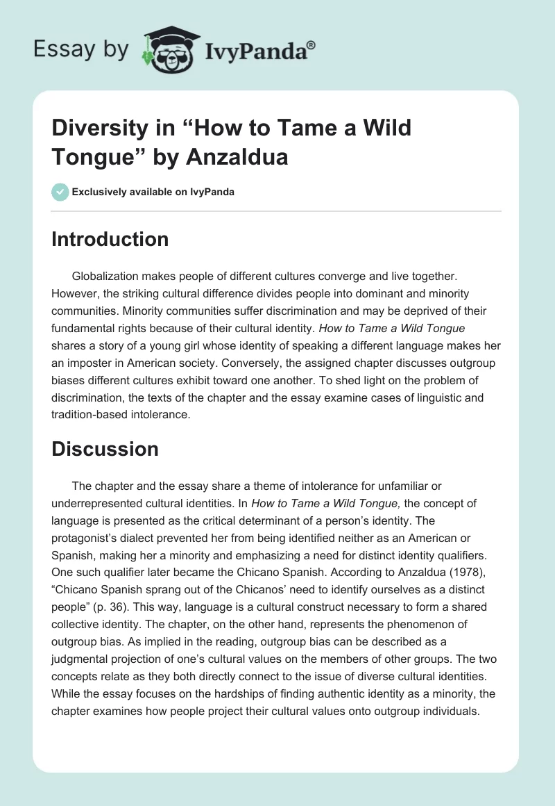 Diversity in “How to Tame a Wild Tongue” by Anzaldua. Page 1