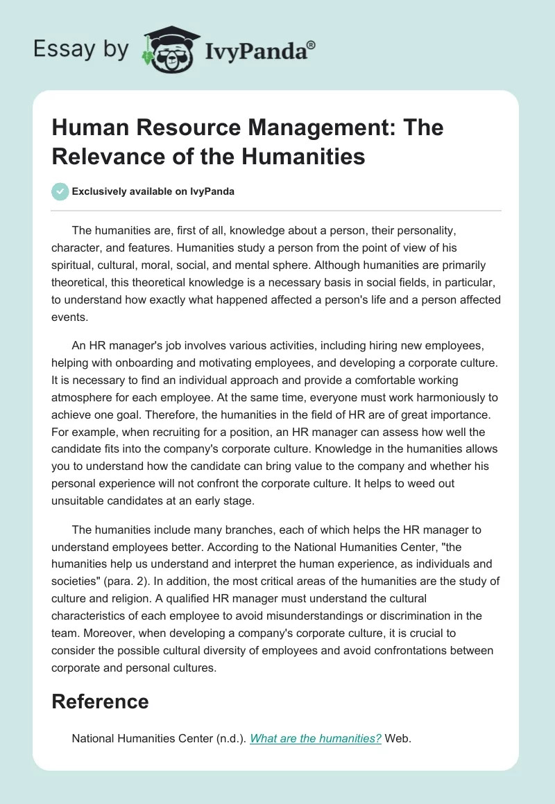Human Resource Management: The Relevance of the Humanities. Page 1