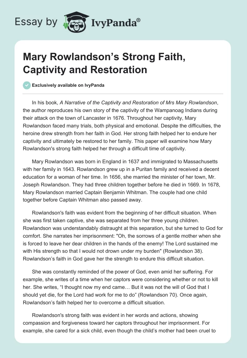 Mary Rowlandson’s Strong Faith, Captivity and Restoration. Page 1