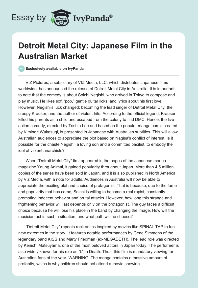 "Detroit Metal City": Japanese Film in the Australian Market. Page 1
