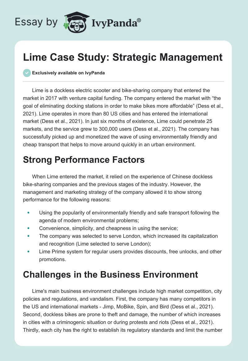 Lime Case Study: Strategic Management. Page 1